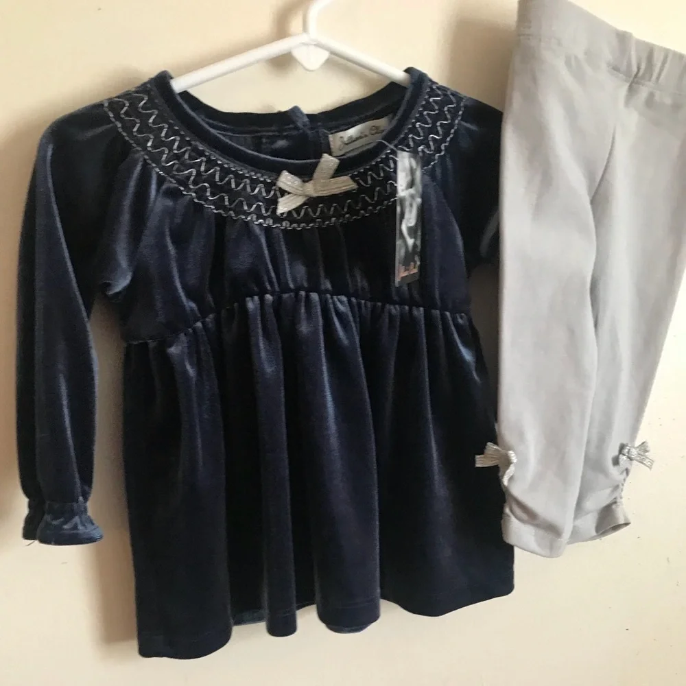 Baby Girl Blue Velvet Silver Bow Dress Set